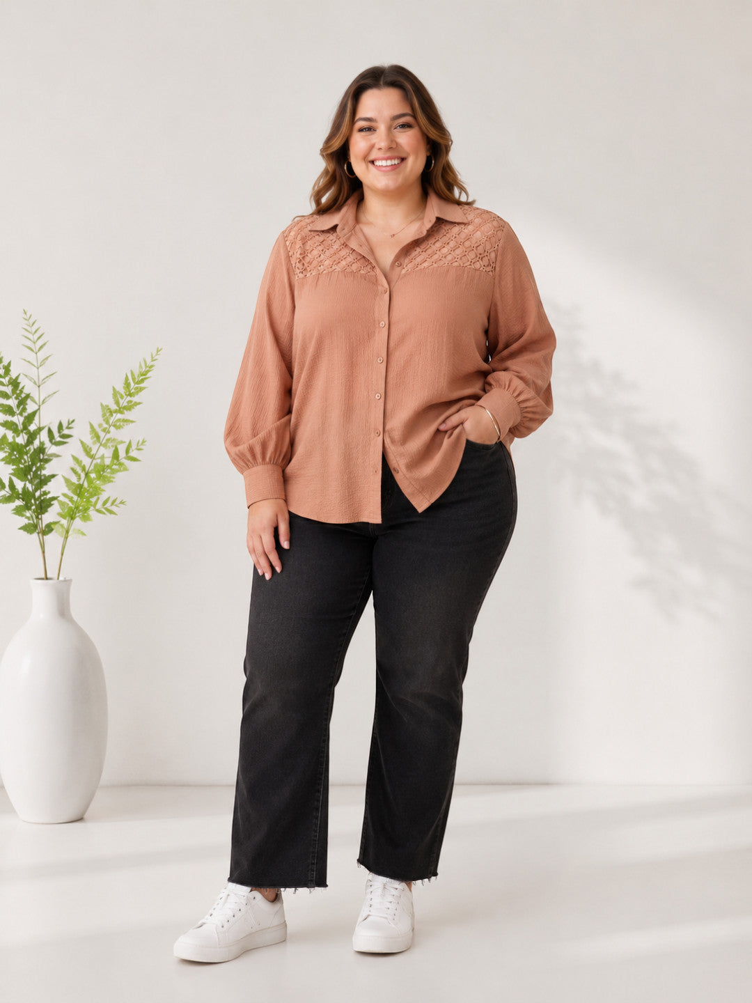 Women Plus Size Beige Shirt Oxolloxo