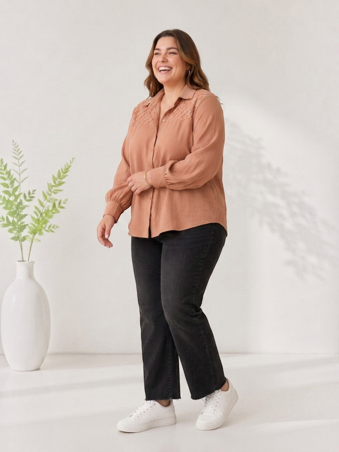 Women Plus Size Beige Shirt Oxolloxo