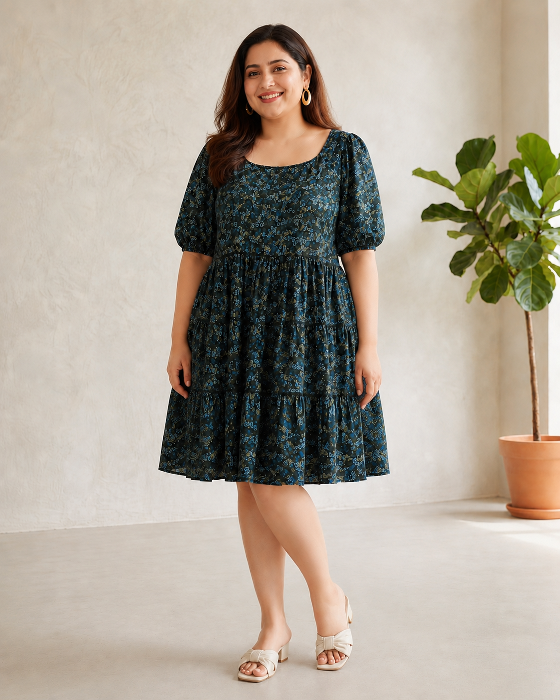 Plus Size Green Floral Print Dress