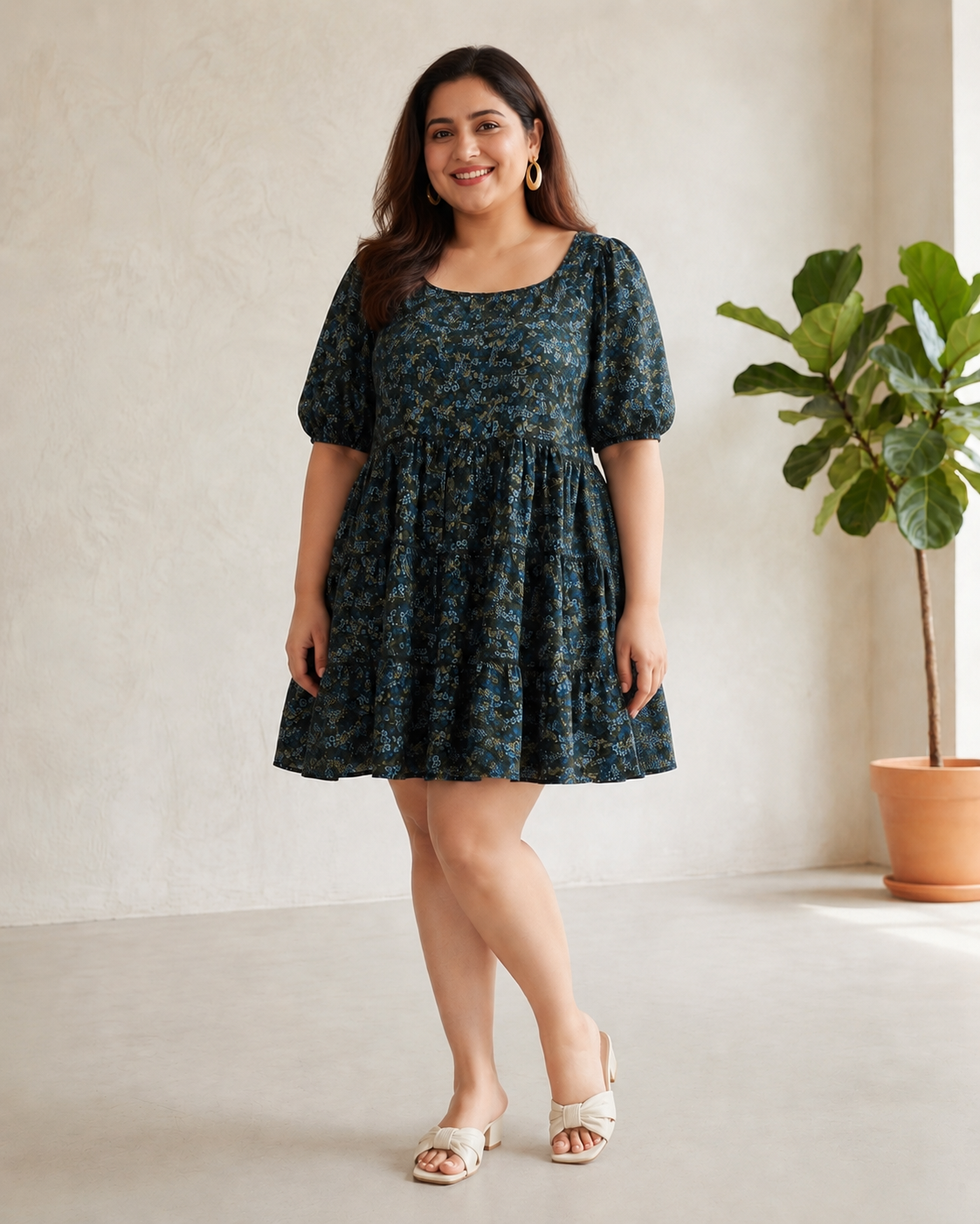 Plus Size Green Floral Print Dress