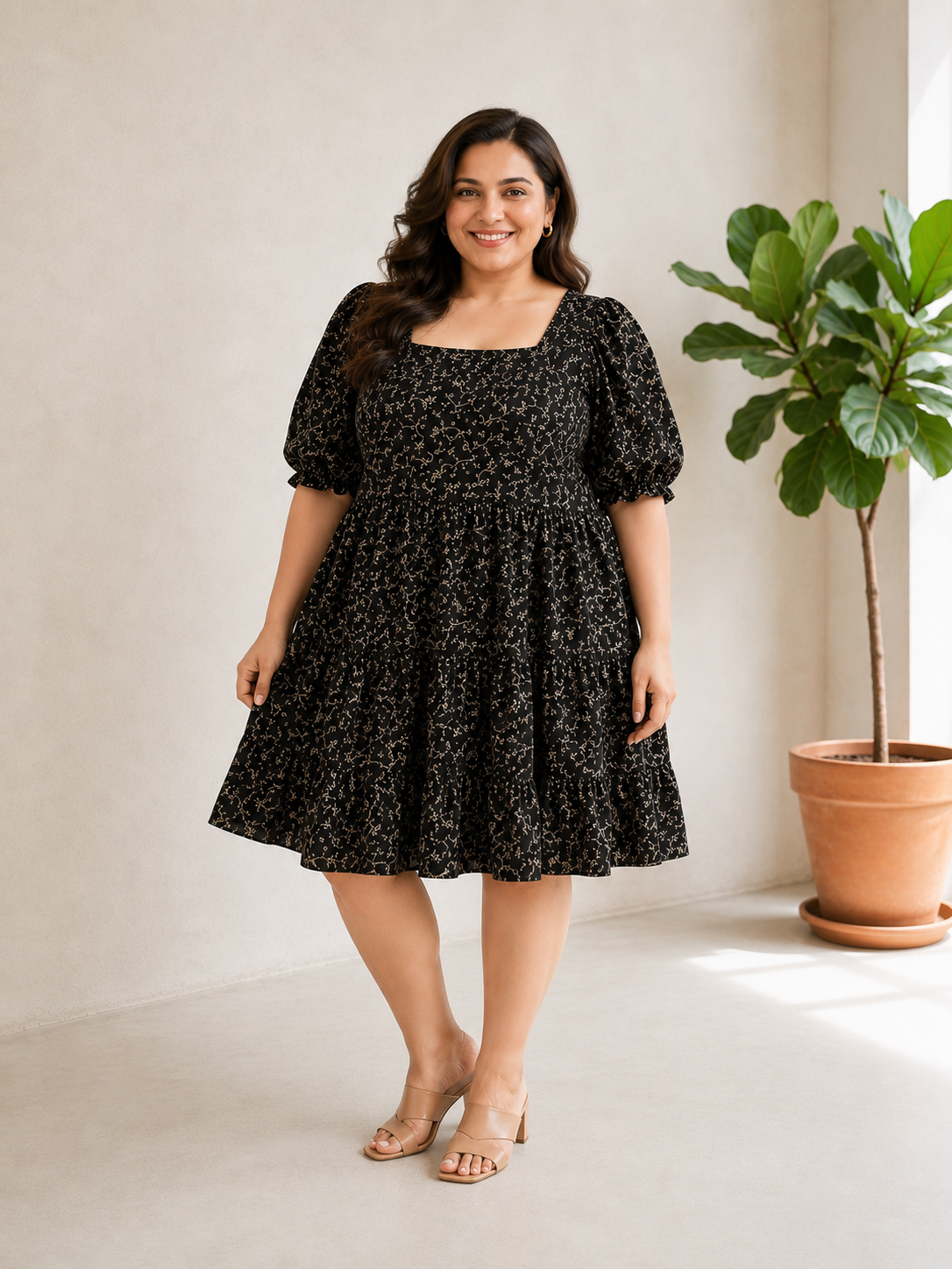 Plus Size Black Floral Print Dress