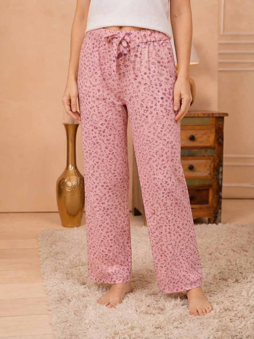 Women Pink Animal Print Viscose Nightwear Pajama Oxolloxo