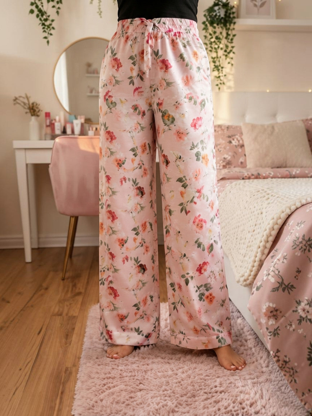 Women Pink Floral Print Nightwear Pajama Oxolloxo