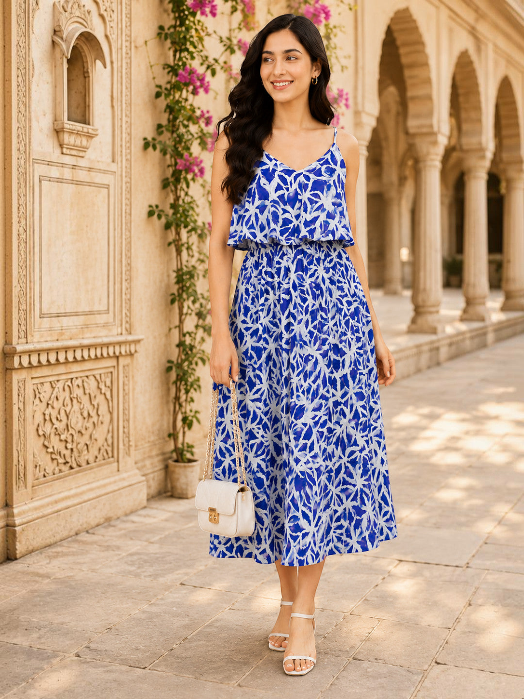 Blue Abstract Print Maxi Dress