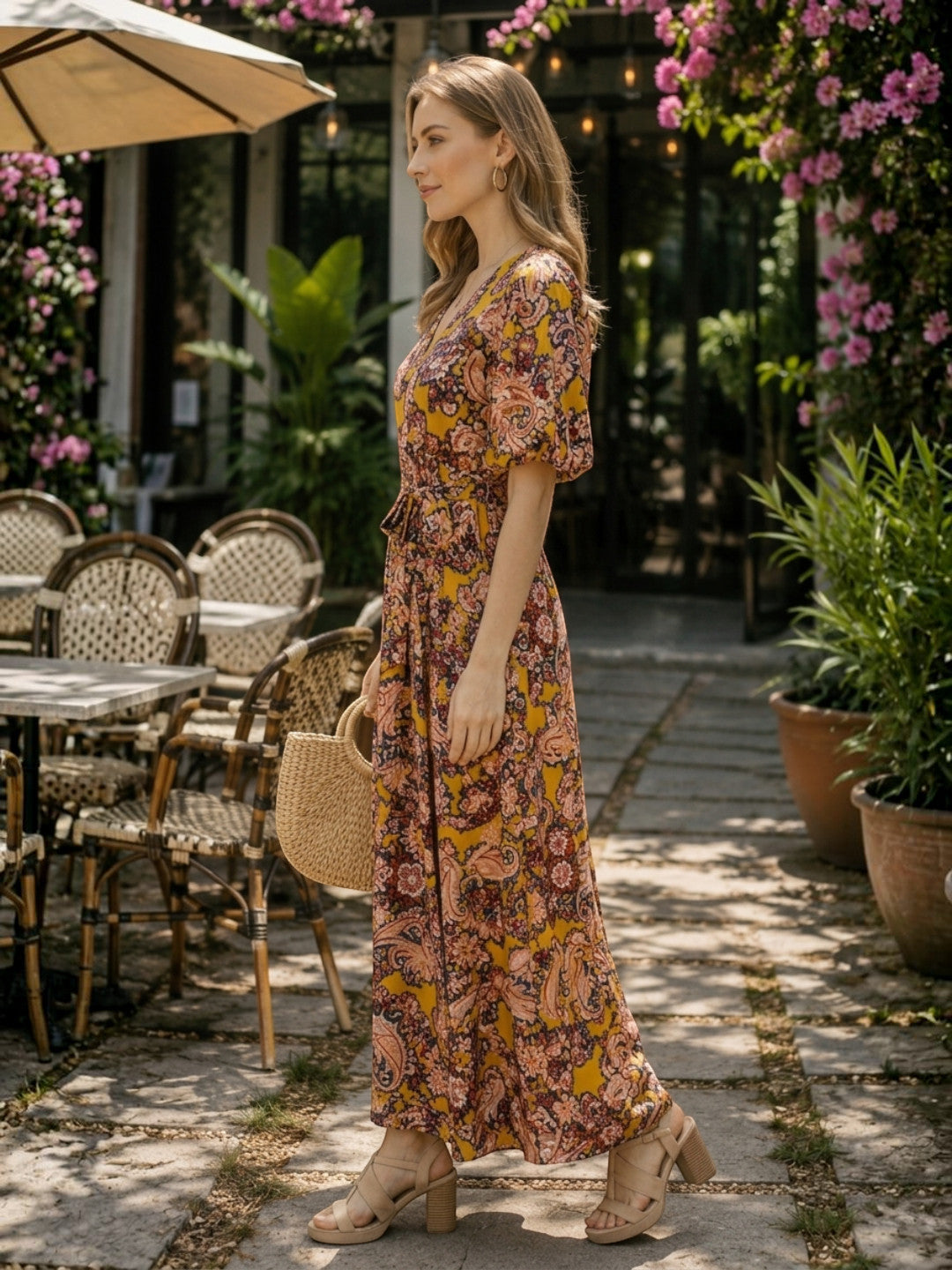 Women Yellow Floral Print Viscose Dress Oxolloxo