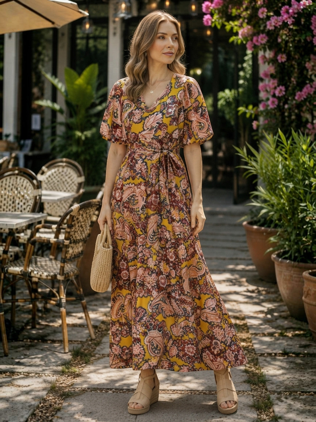 Women Yellow Floral Print Viscose Dress Oxolloxo