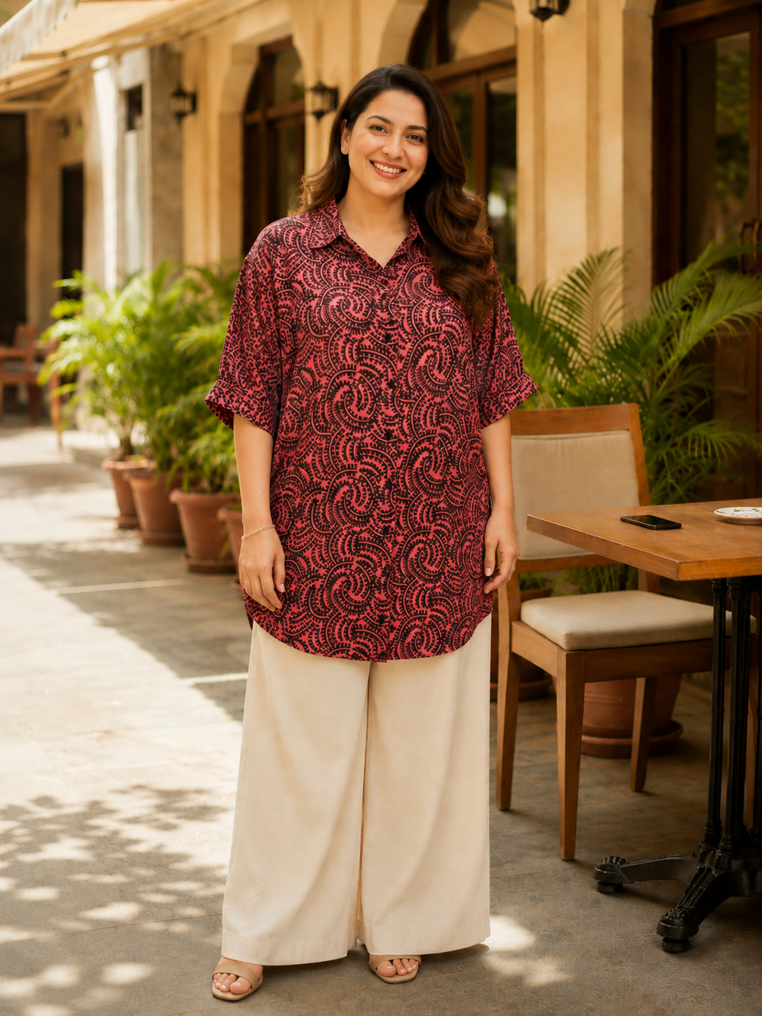 Plus Size Rust Abstract Spiral Print Shirt