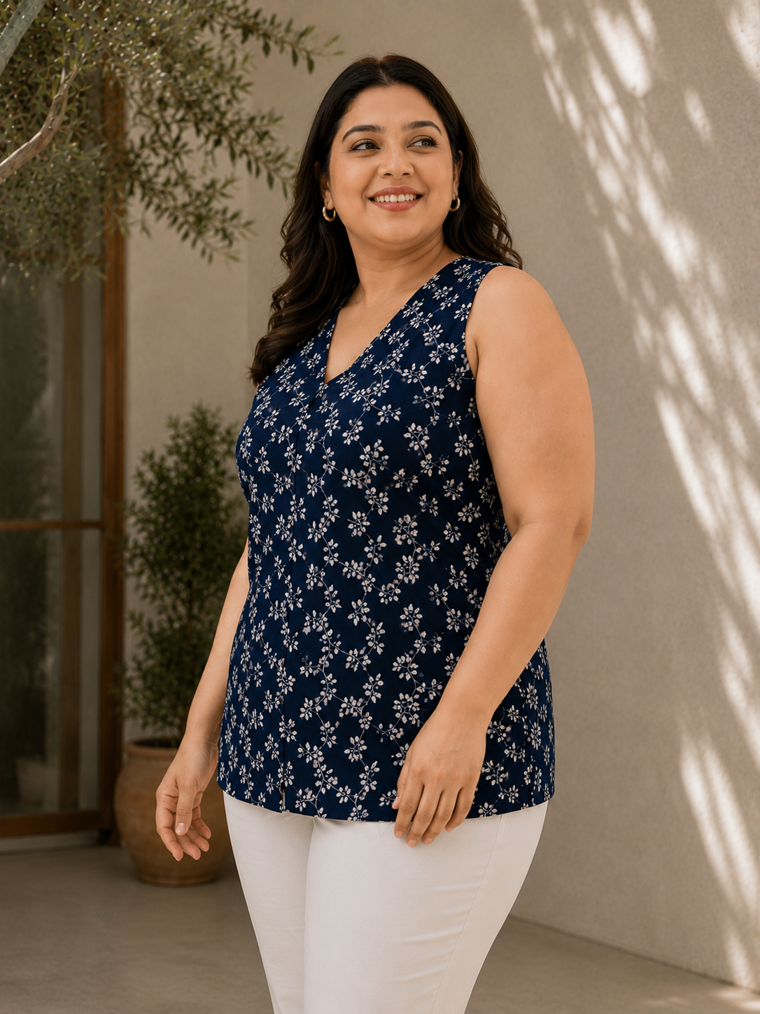 Women Plus Size Blue Floral Print Embroidery Cotton Top- Pre Order