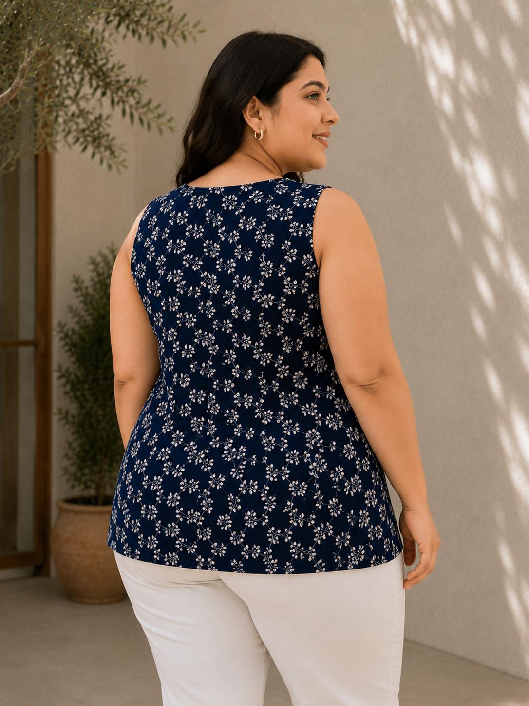 Women Plus Size Blue Floral Print Embroidery Cotton Top- Pre Order