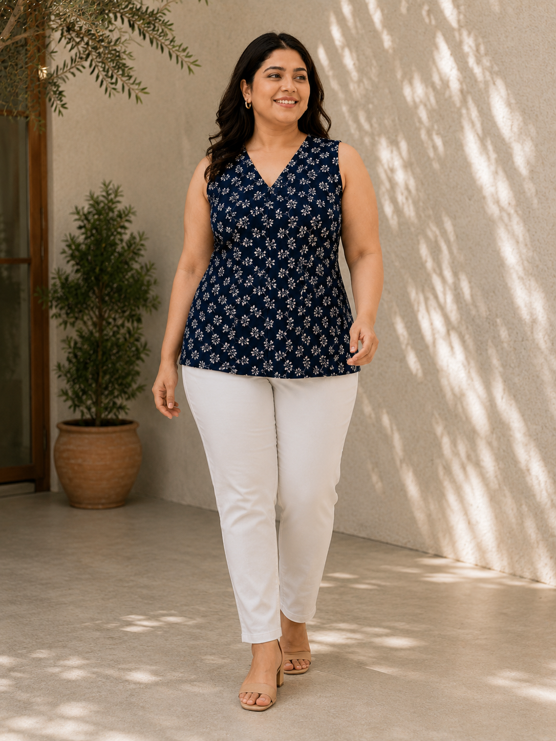 Women Plus Size Blue Floral Print Embroidery Cotton Top- Pre Order
