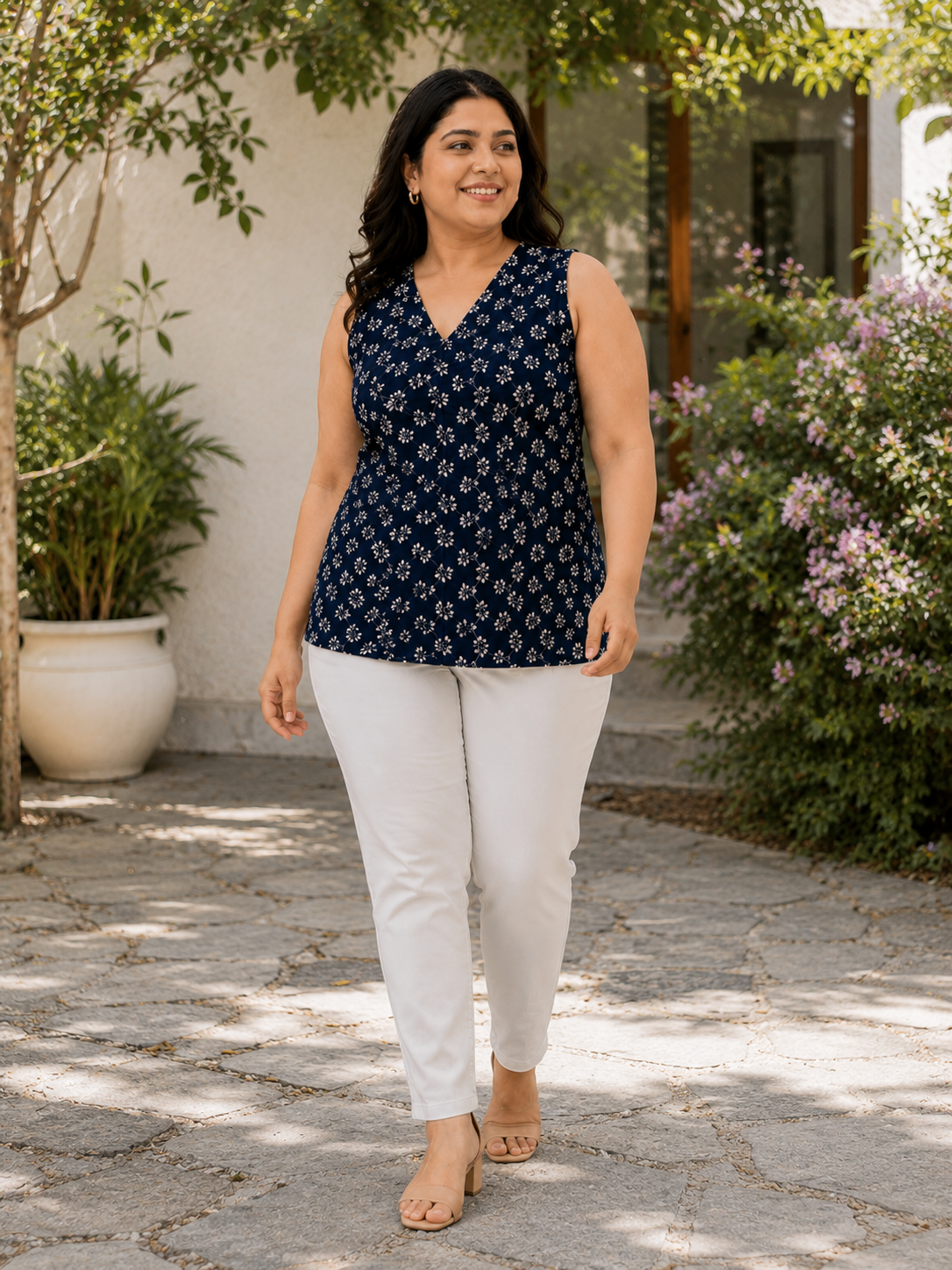Women Plus Size Blue Floral Print Embroidery Cotton Top- Pre Order