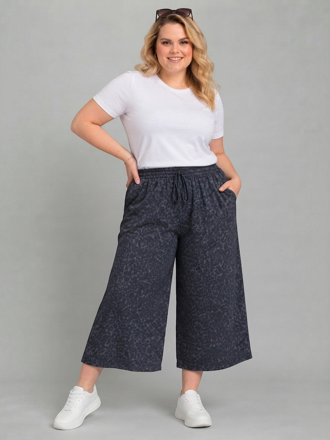 Women Plus Size Navy Animal Print Culottes Oxolloxo