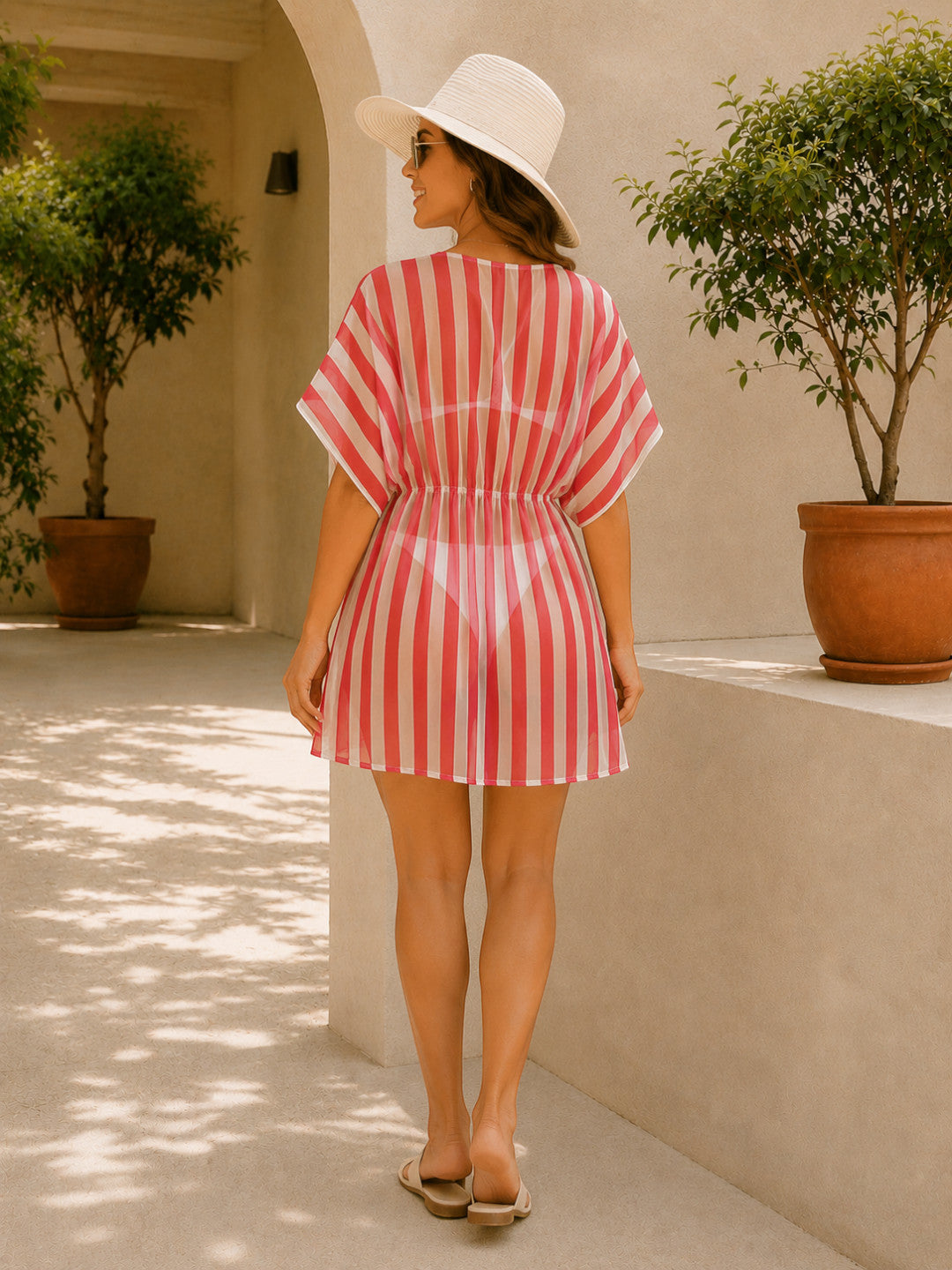 Women Red Stripes Beachwear Kaftan Oxolloxo