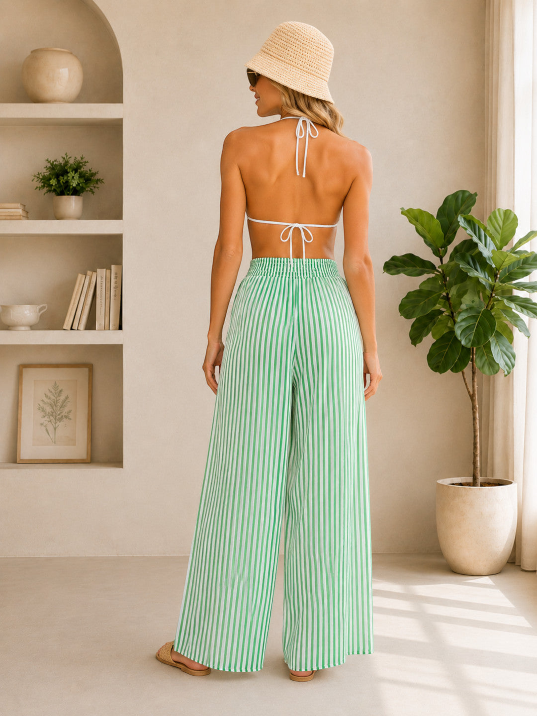 Women Green Stripes Beachwear Pant Oxolloxo