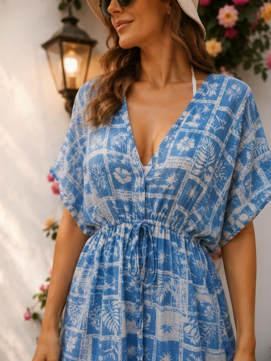 Women Blue Floral Print Beachwear Kaftan Oxolloxo