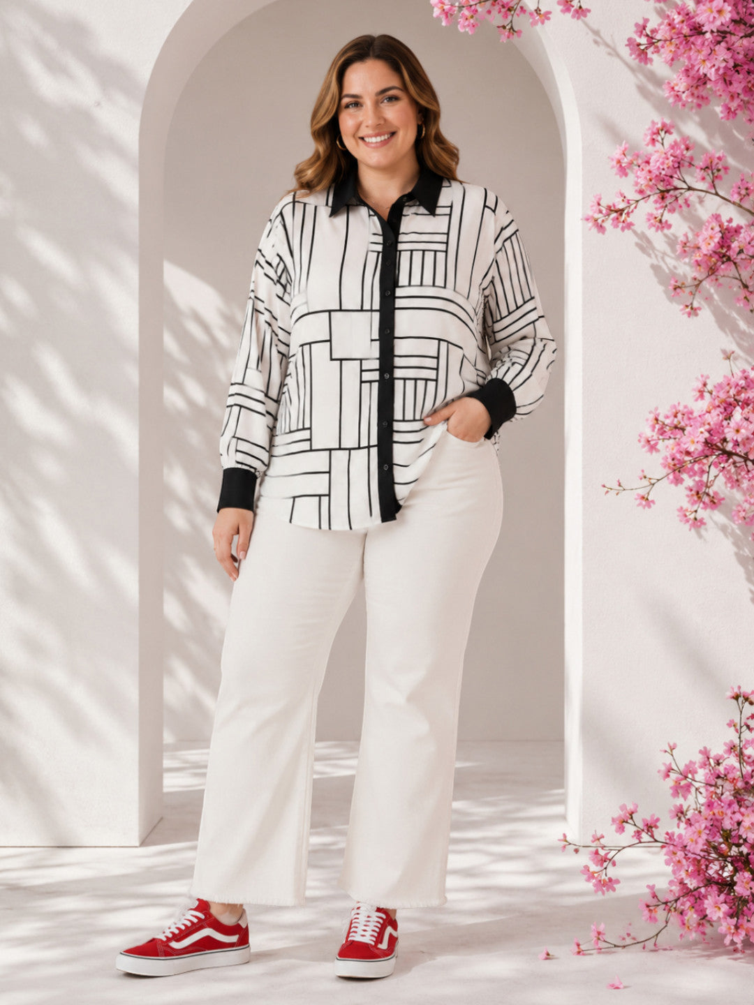 Women Plus Size White Abstract Geometric Shirt Oxolloxo