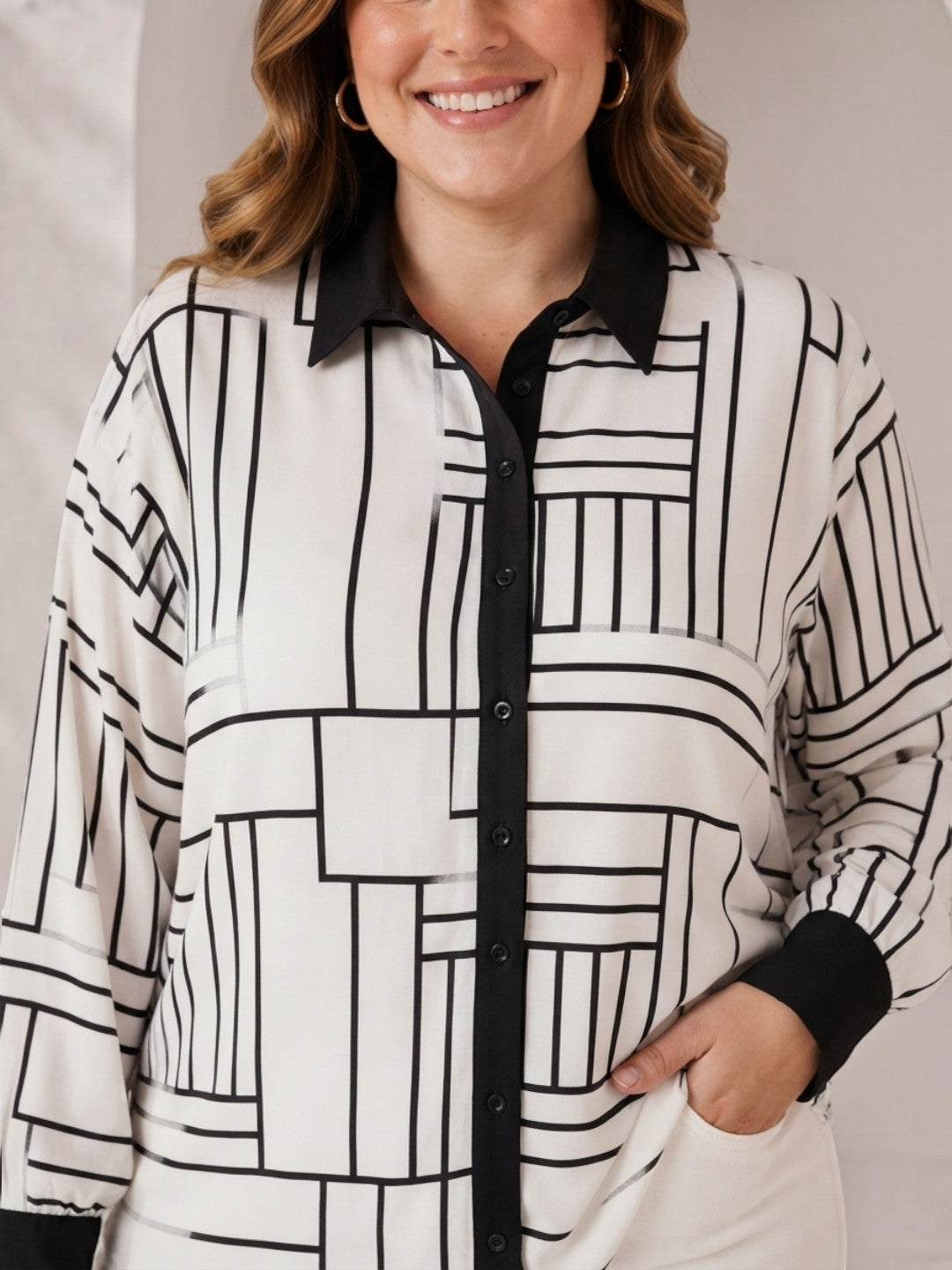 Women Plus Size White Abstract Geometric Shirt Oxolloxo