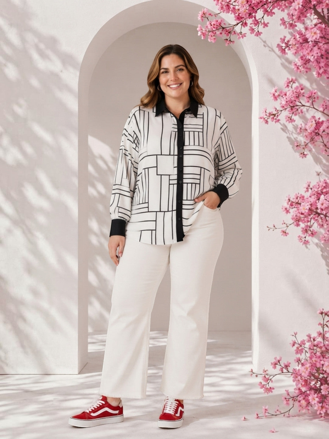 Women Plus Size White Abstract Geometric Shirt Oxolloxo