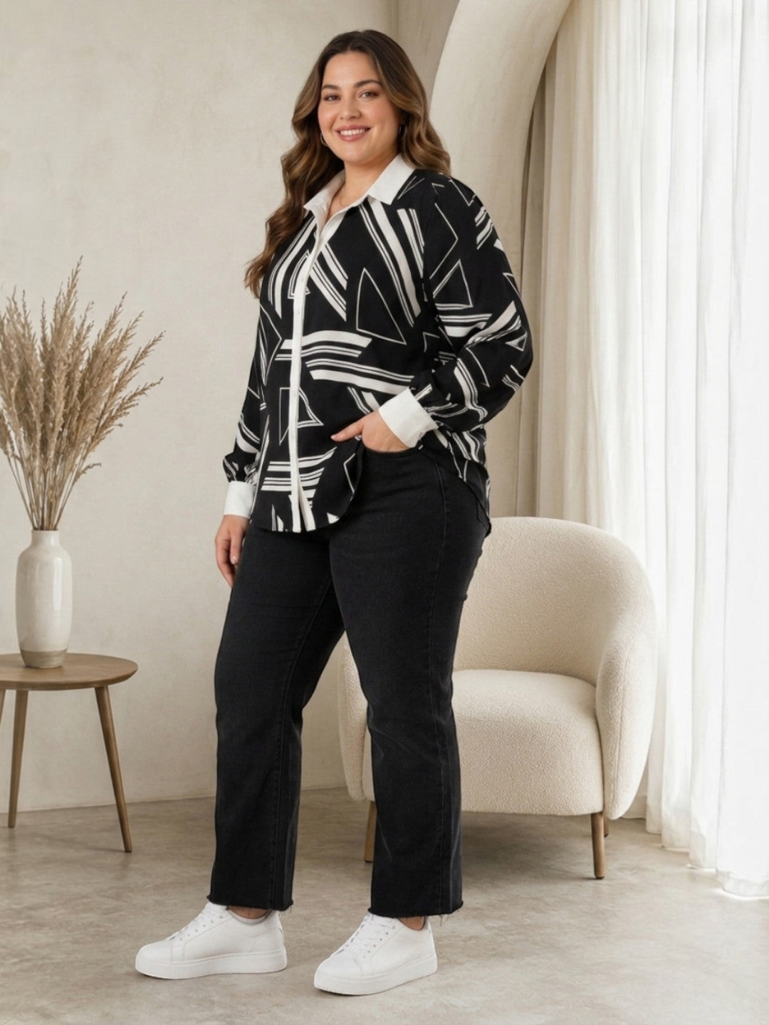 Women Plus Size Black Abstract Geometric Shirt Oxolloxo