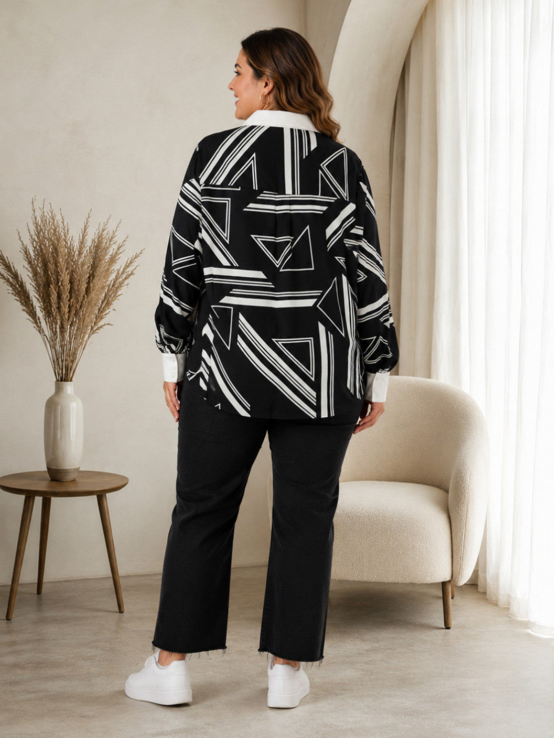 Women Plus Size Black Abstract Geometric Shirt Oxolloxo