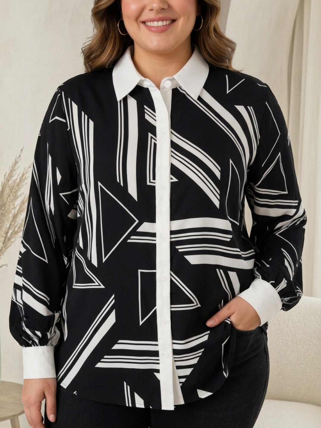 Women Plus Size Black Abstract Geometric Shirt Oxolloxo