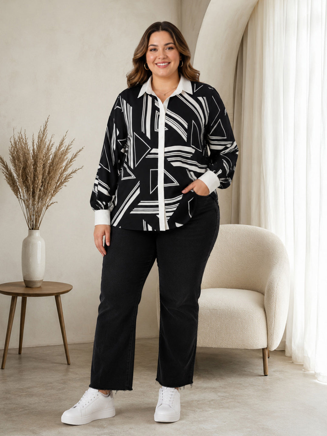 Women Plus Size Black Abstract Geometric Shirt Oxolloxo