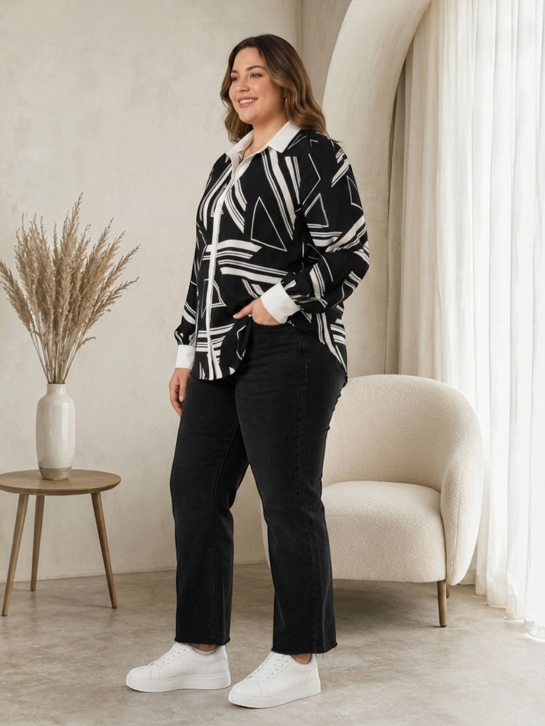 Women Plus Size Black Abstract Geometric Shirt Oxolloxo