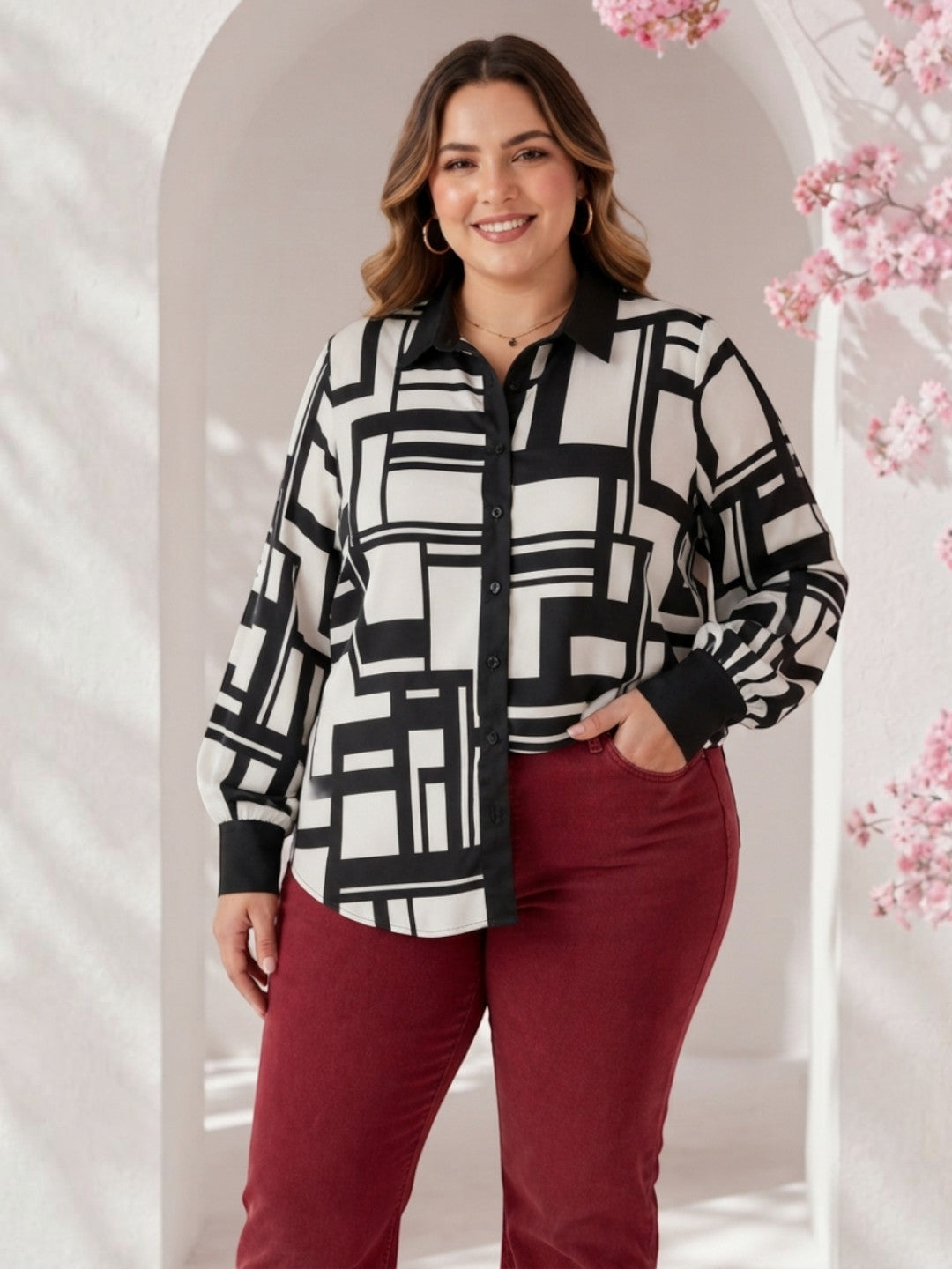 Women Plus Size White Abstract Geometric Shirt Oxolloxo