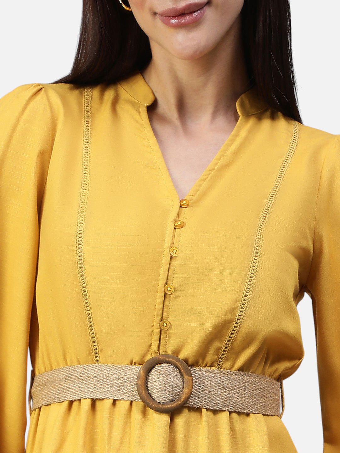 Yellow belted dress with button front, V neckline, and puffed long sleeves for women
