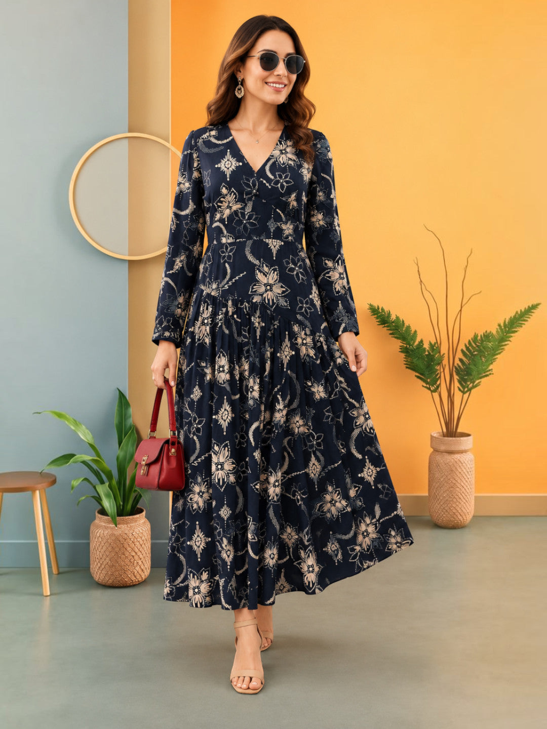 Women Black Floral Print Viscose Dress Oxolloxo