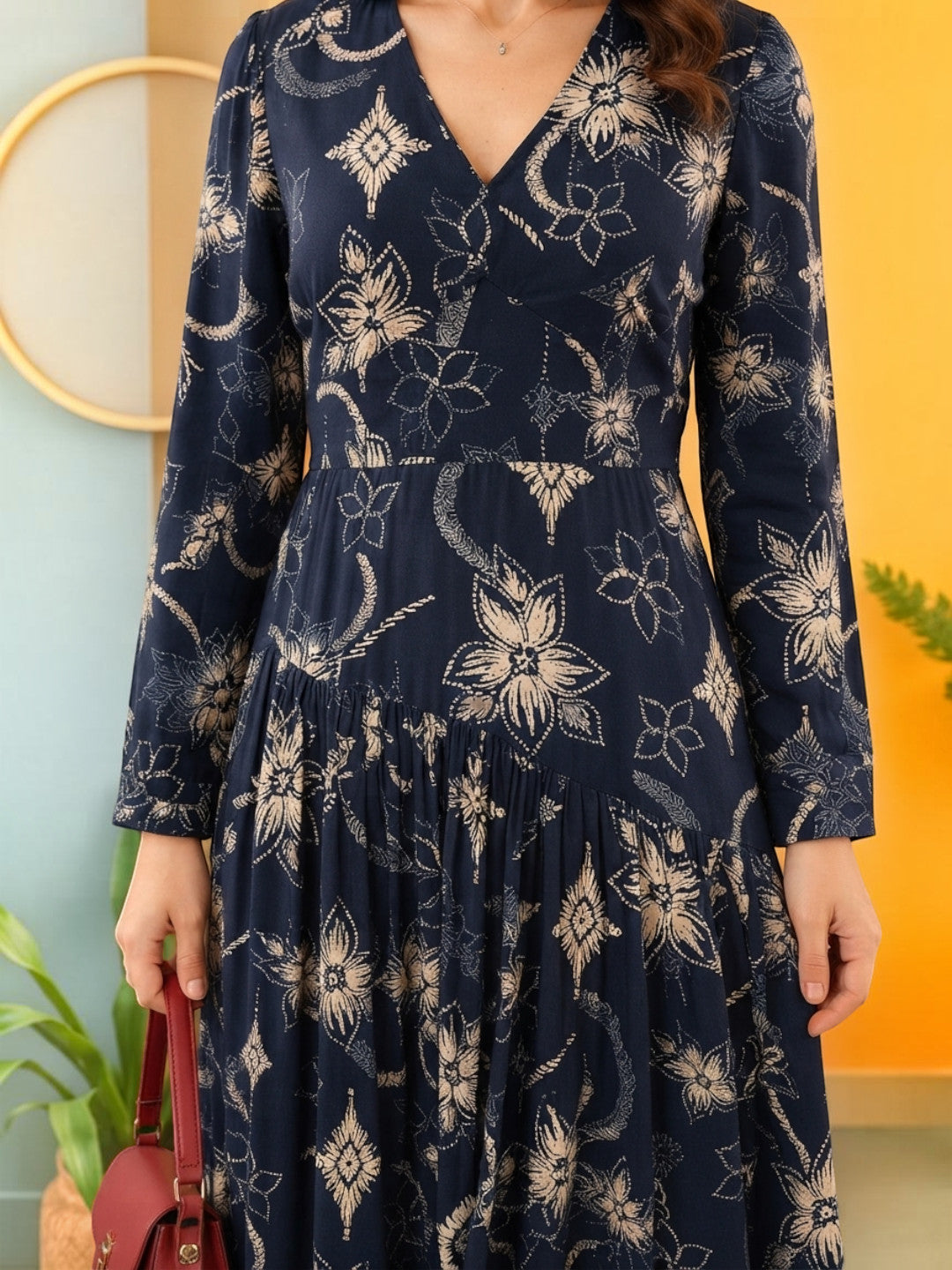 Women Black Floral Print Viscose Dress Oxolloxo
