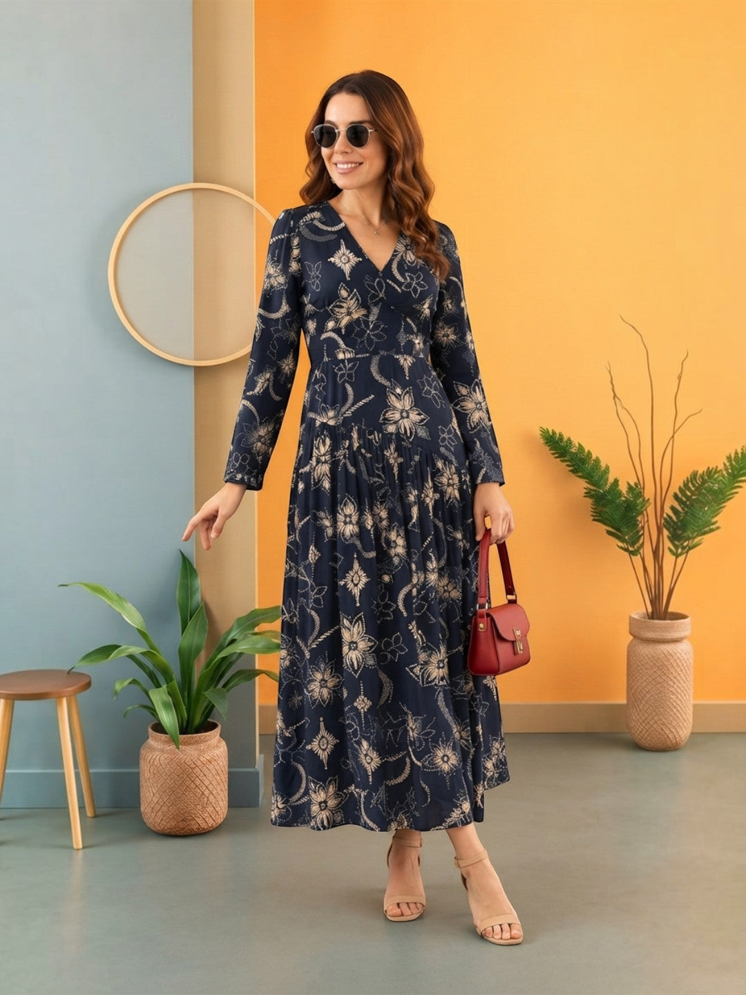 Women Black Floral Print Viscose Dress Oxolloxo