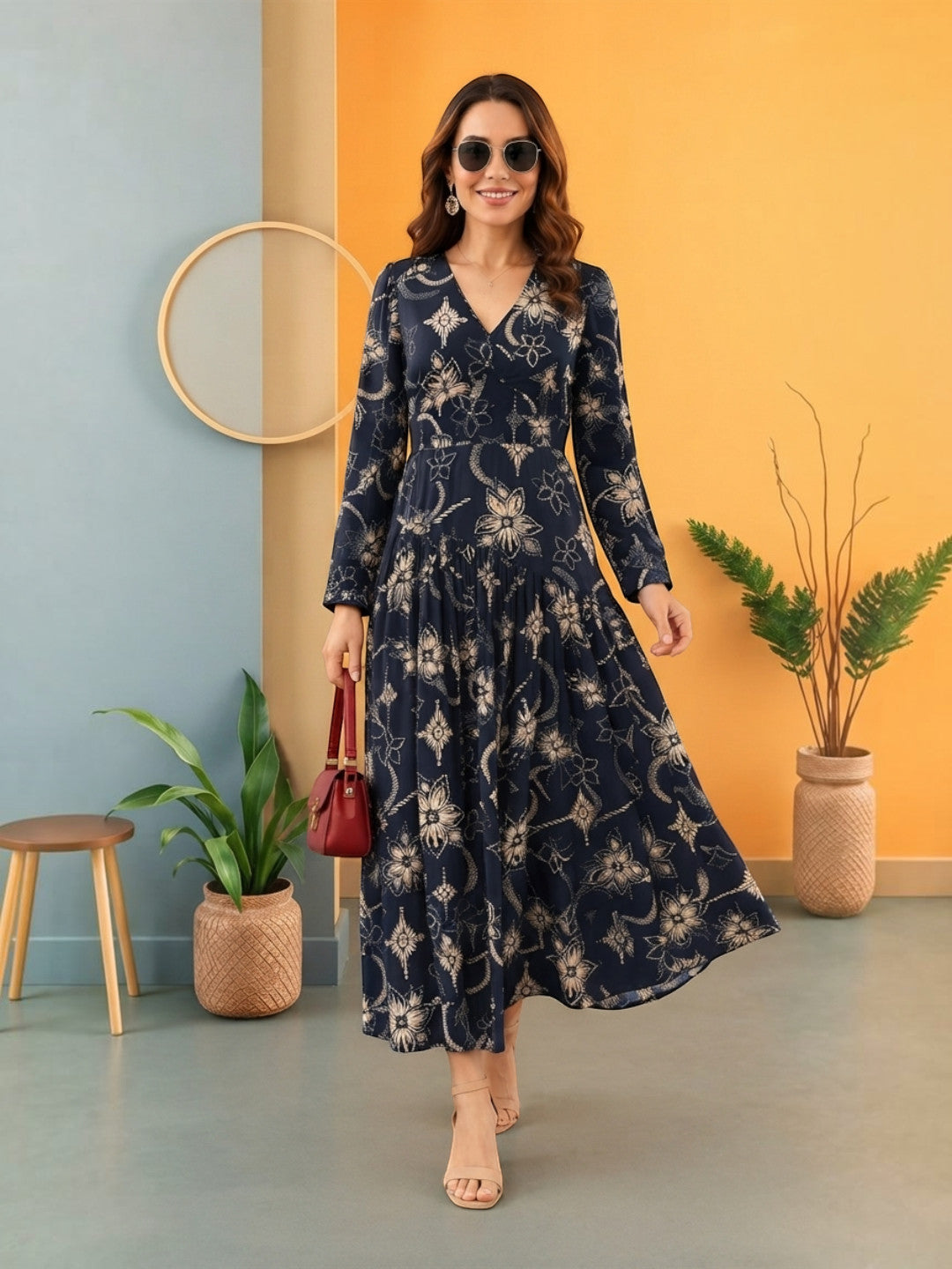 Women Black Floral Print Viscose Dress Oxolloxo