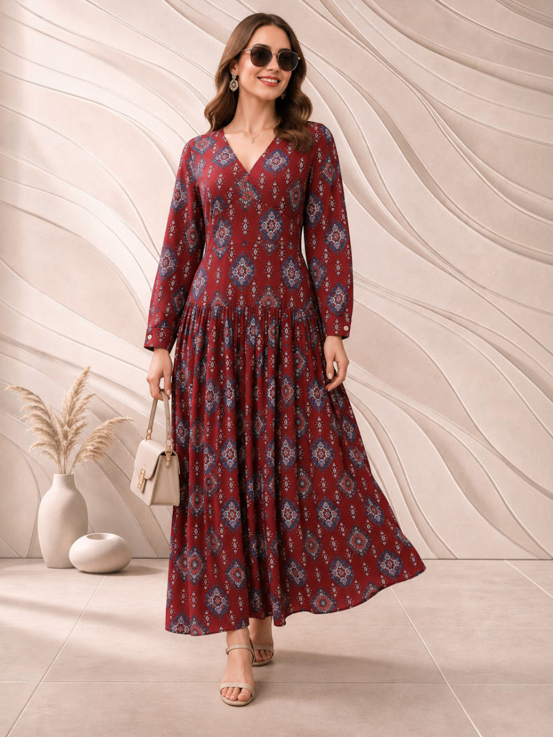 Women Maroon Floral Medallion Print Viscose Dress Oxolloxo