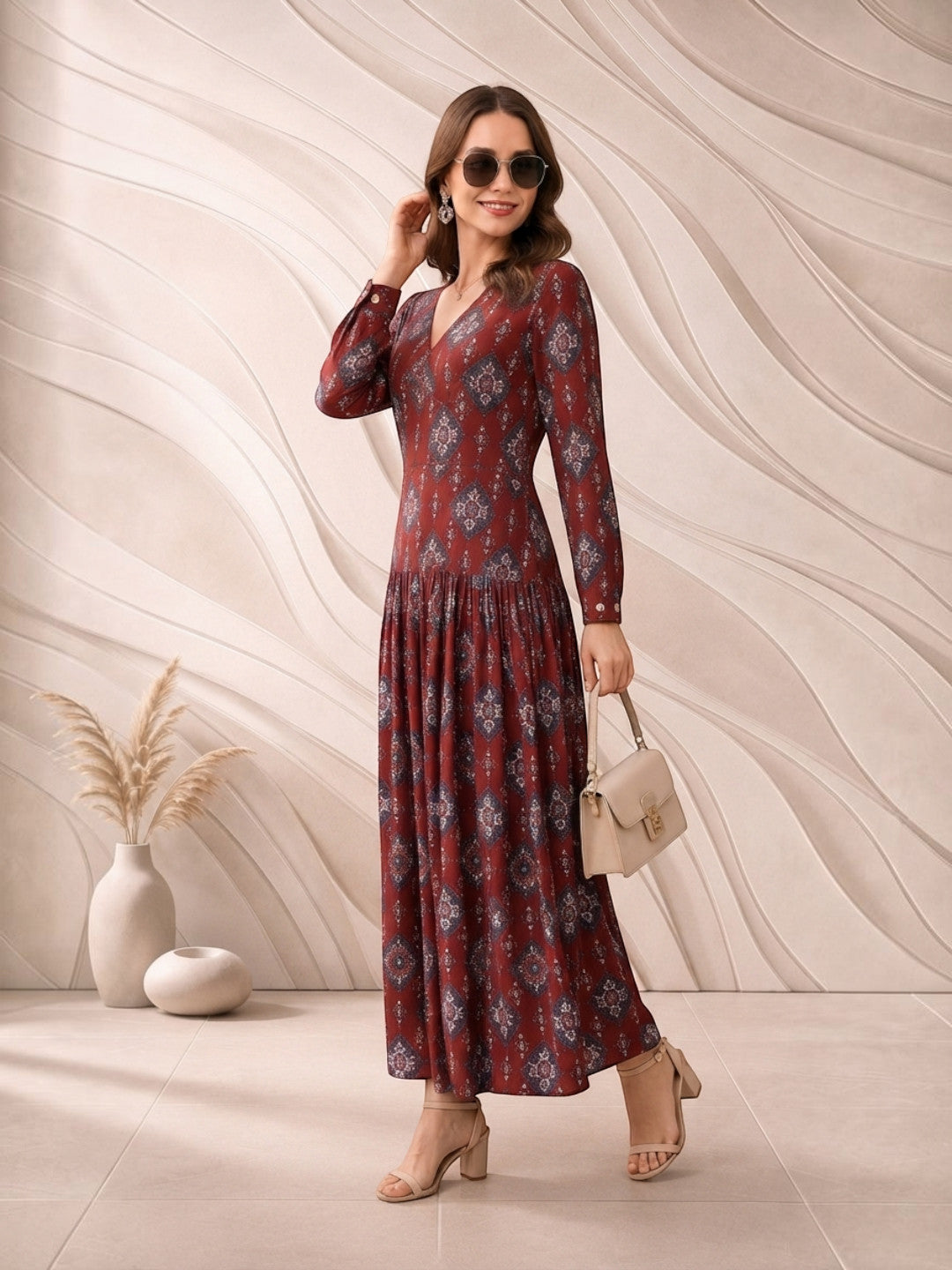 Women Maroon Floral Medallion Print Viscose Dress Oxolloxo