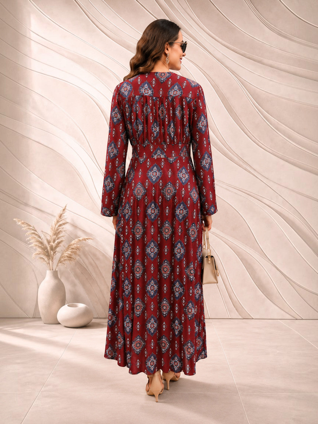 Women Maroon Floral Medallion Print Viscose Dress Oxolloxo