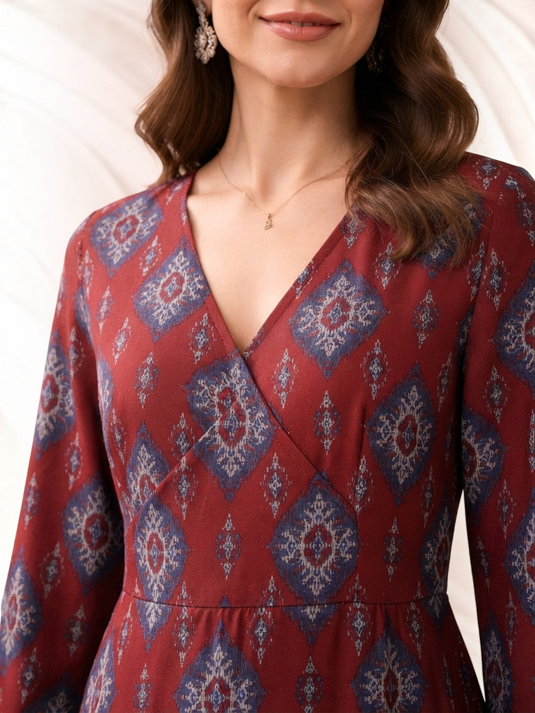 Women Maroon Floral Medallion Print Viscose Dress Oxolloxo