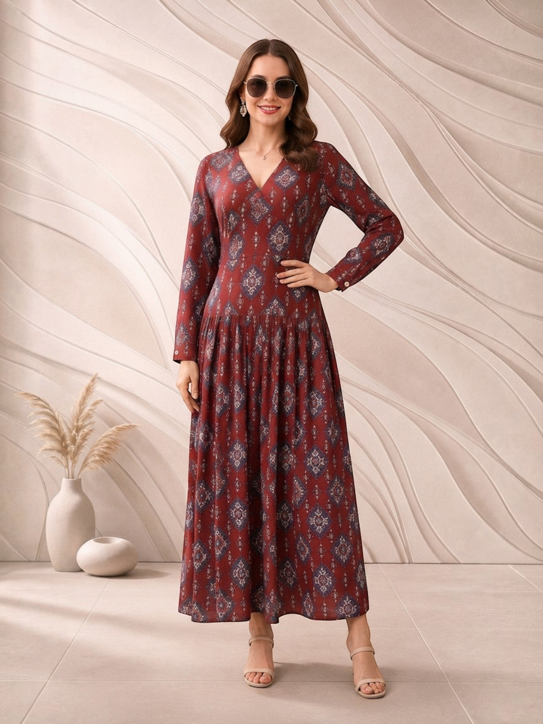 Women Maroon Floral Medallion Print Viscose Dress Oxolloxo