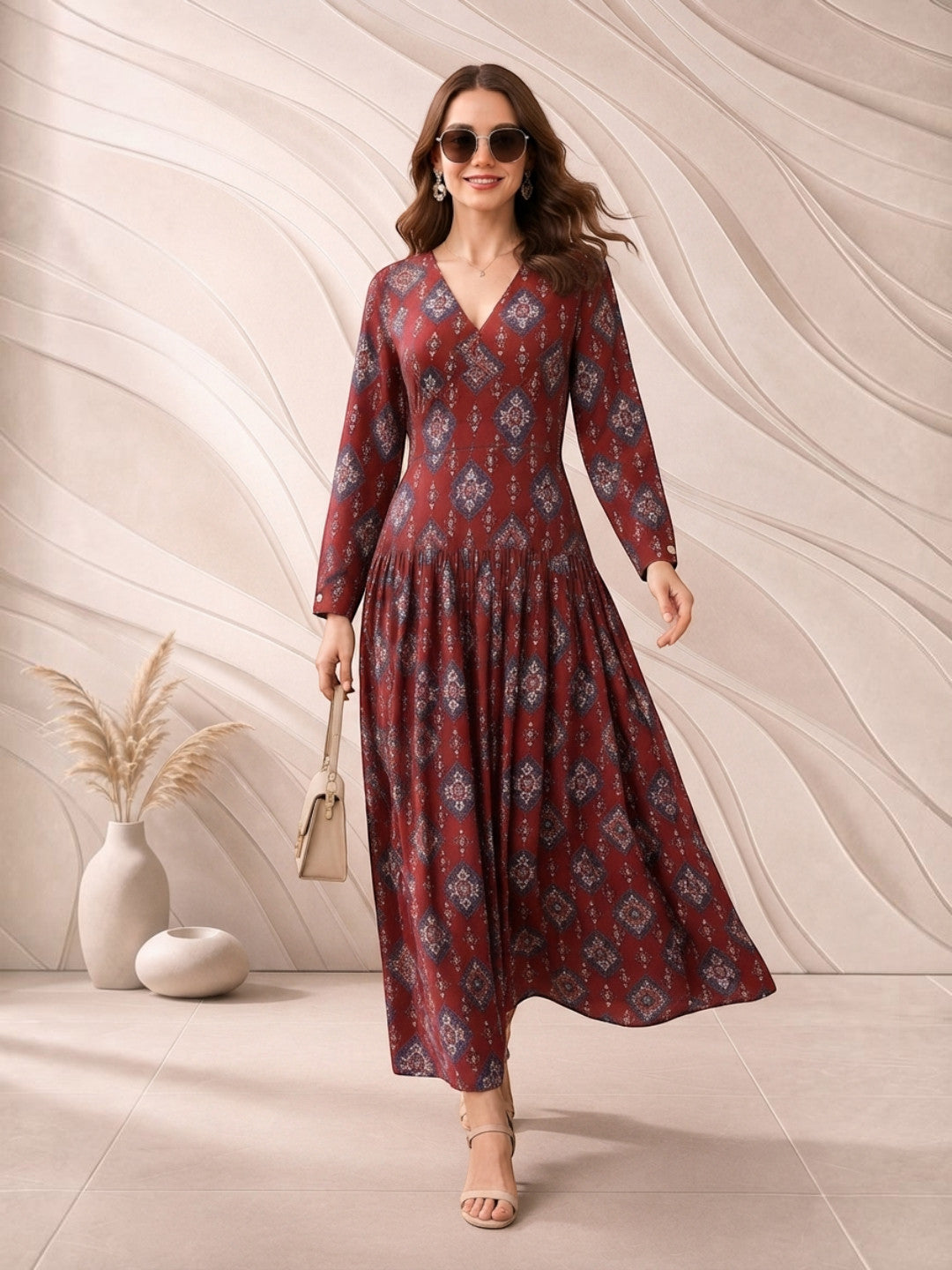 Women Maroon Floral Medallion Print Viscose Dress Oxolloxo