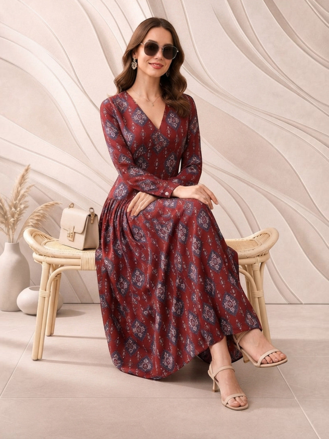Women Maroon Floral Medallion Print Viscose Dress Oxolloxo