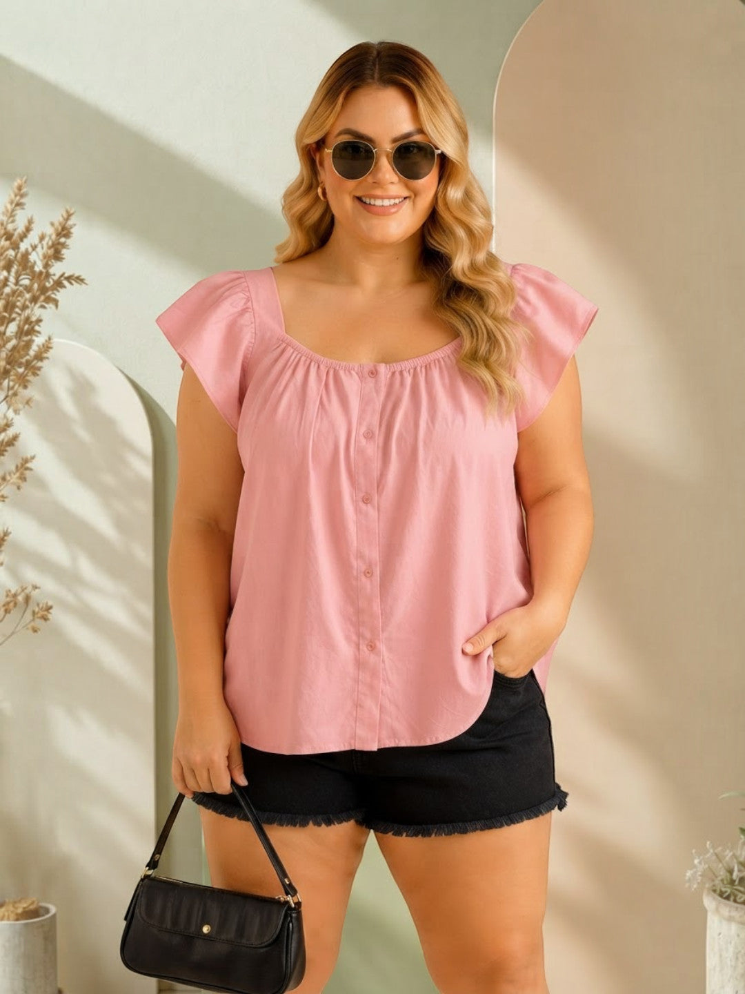 Women Plus Size Pink Cotton Top Oxolloxo