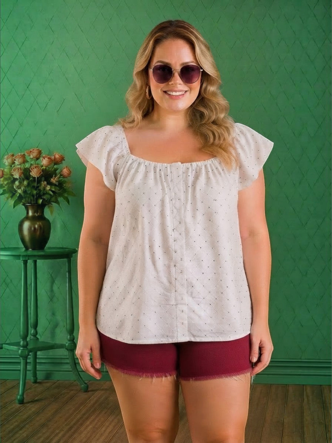 Women Plus Size White Dot Print Viscose Top Oxolloxo