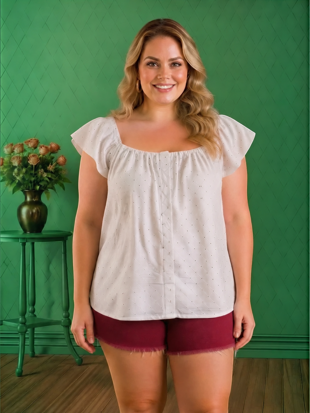Women Plus Size White Dot Print Viscose Top Oxolloxo