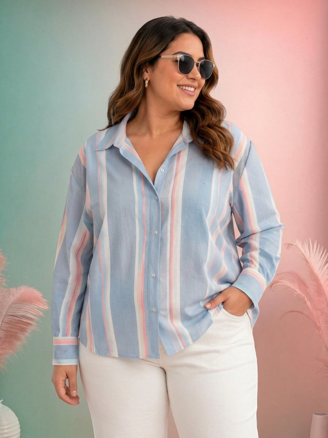 Women Plus Size Blue Stripes Cotton Shirt Oxolloxo