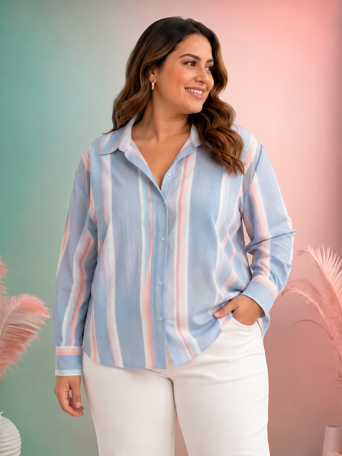 Women Plus Size Blue Stripes Cotton Shirt Oxolloxo