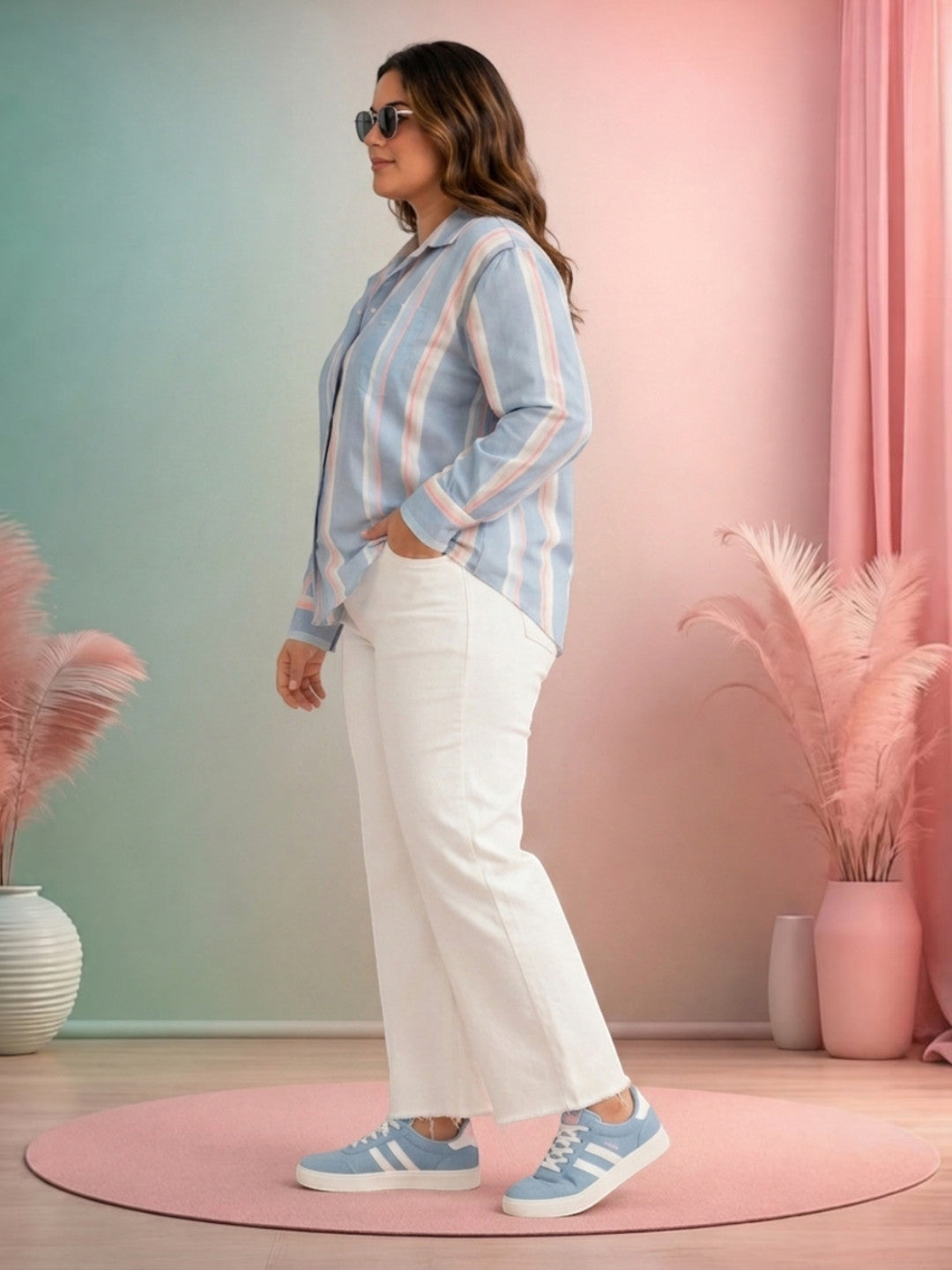 Women Plus Size Blue Stripes Cotton Shirt Oxolloxo