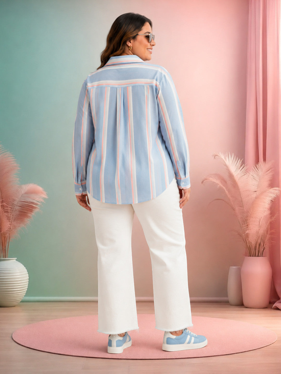 Women Plus Size Blue Stripes Cotton Shirt Oxolloxo