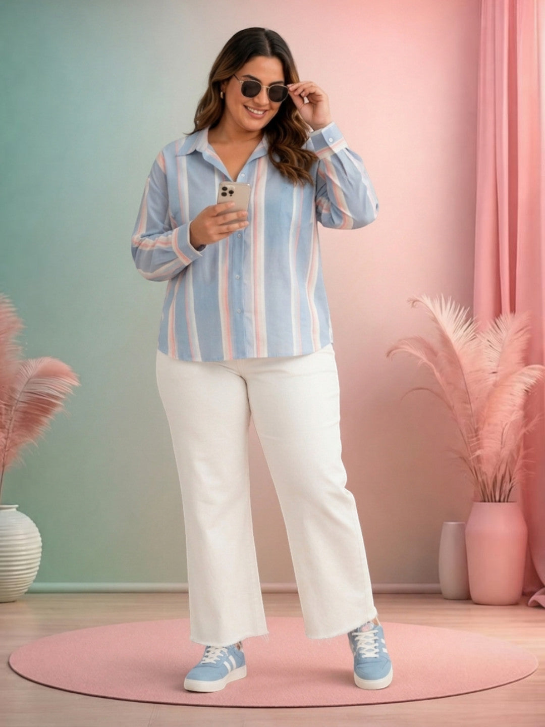 Women Plus Size Blue Stripes Cotton Shirt Oxolloxo