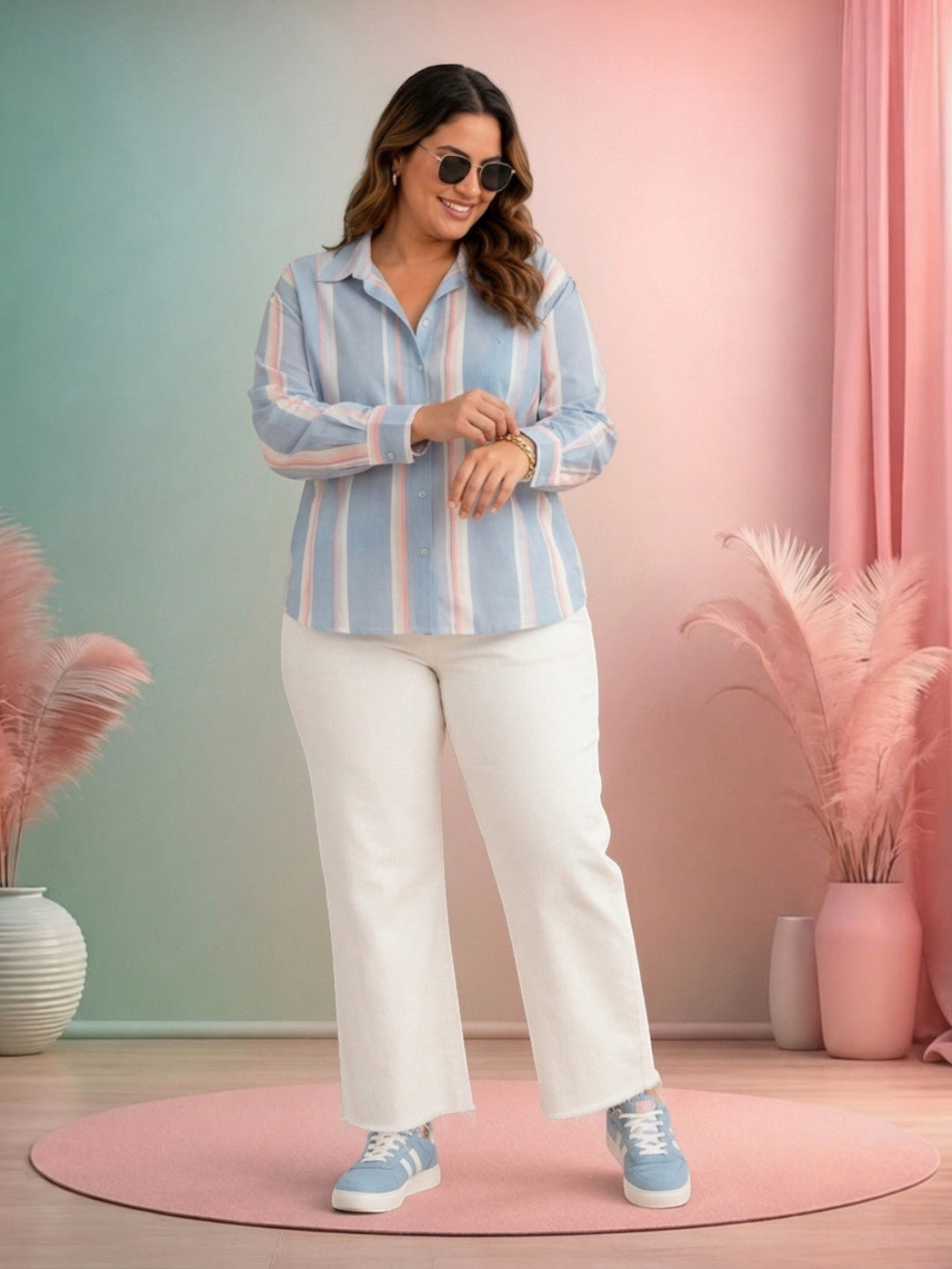 Women Plus Size Blue Stripes Cotton Shirt Oxolloxo