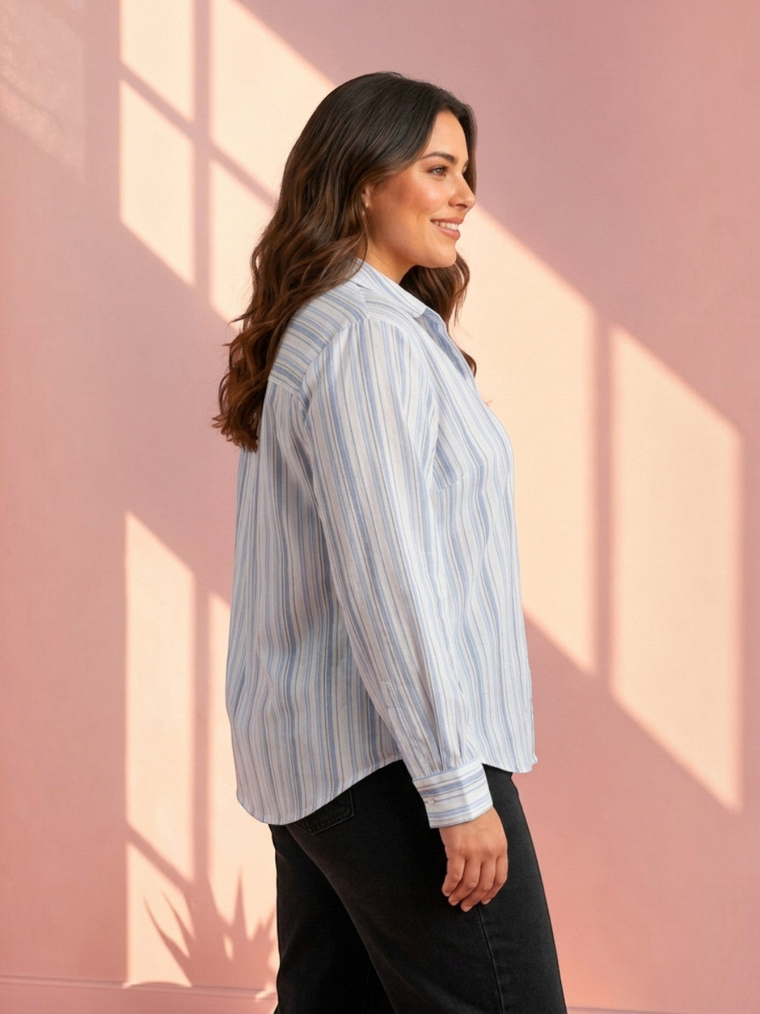 Women Plus Size Blue Stripes Cotton Shirt Oxolloxo